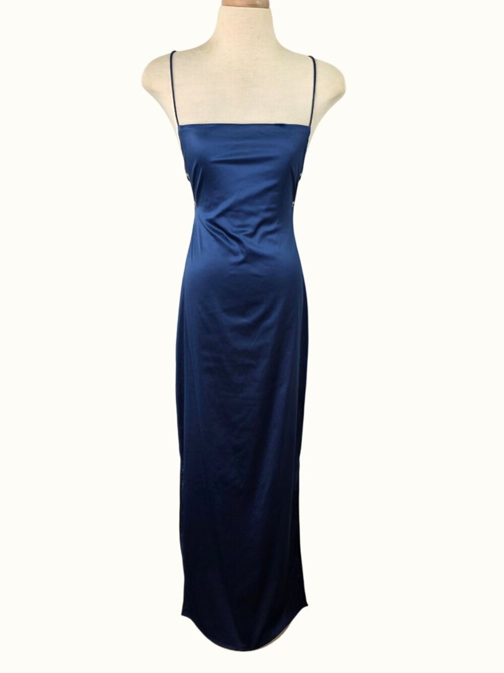 NWT Beginning Boutique Blue LaceUp Back Bodycon Maxi Dress Sz M High Double Slit